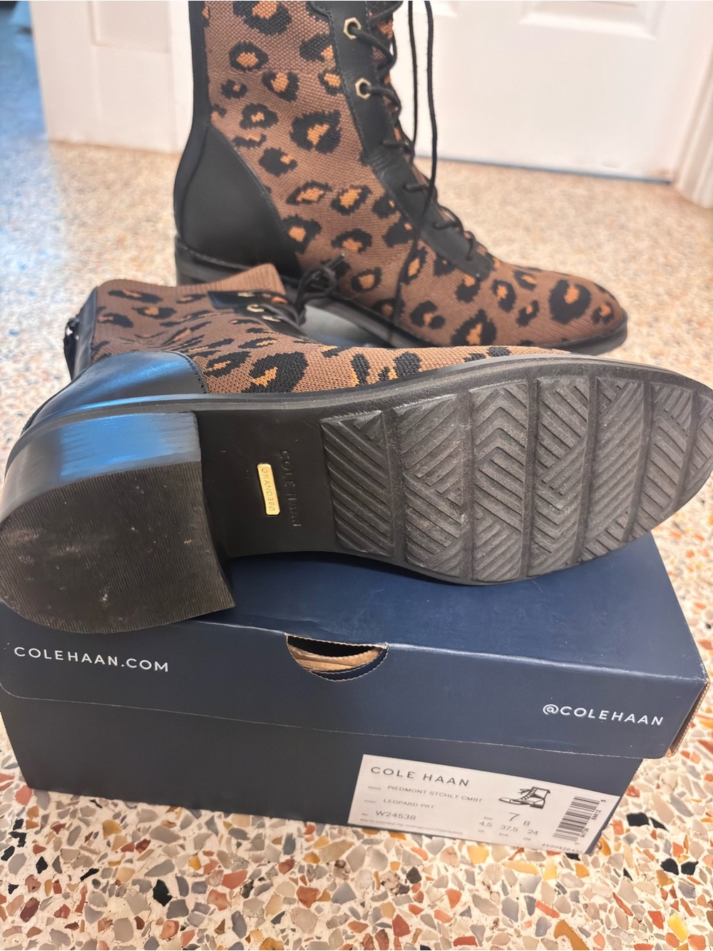 Cole Haan Leopard Knit Lace-Up Ankle Boots - Brown/Black